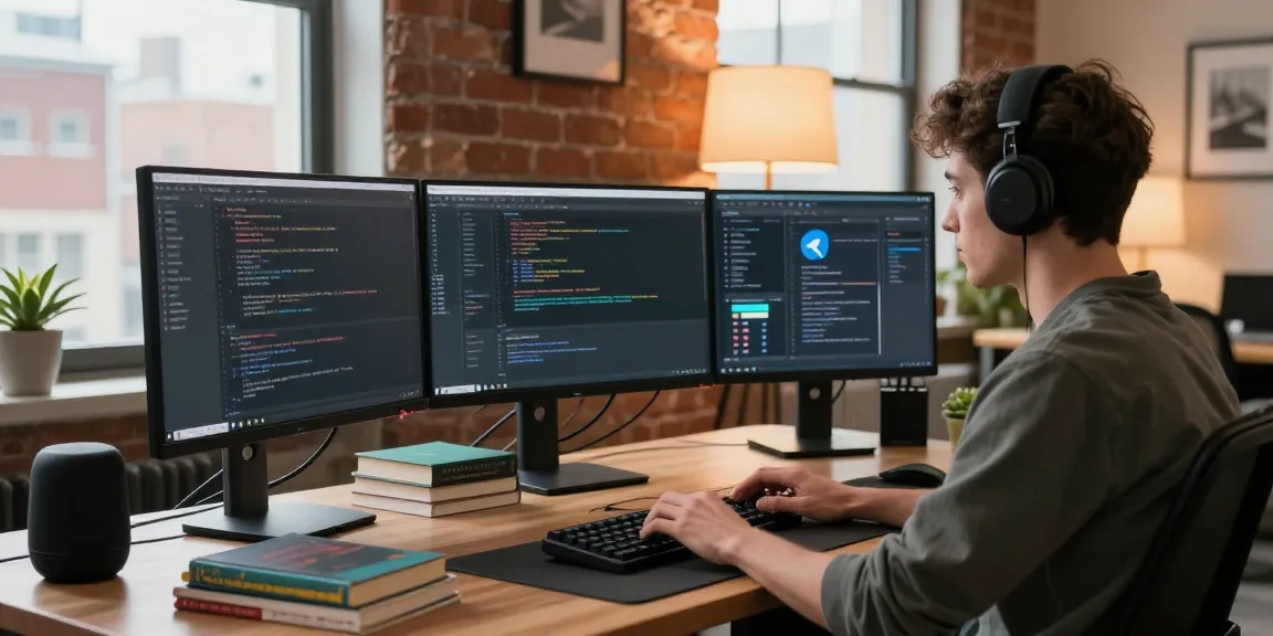 Focused developer using 纸飞机中文版 with multiple monitors in a modern workspace.