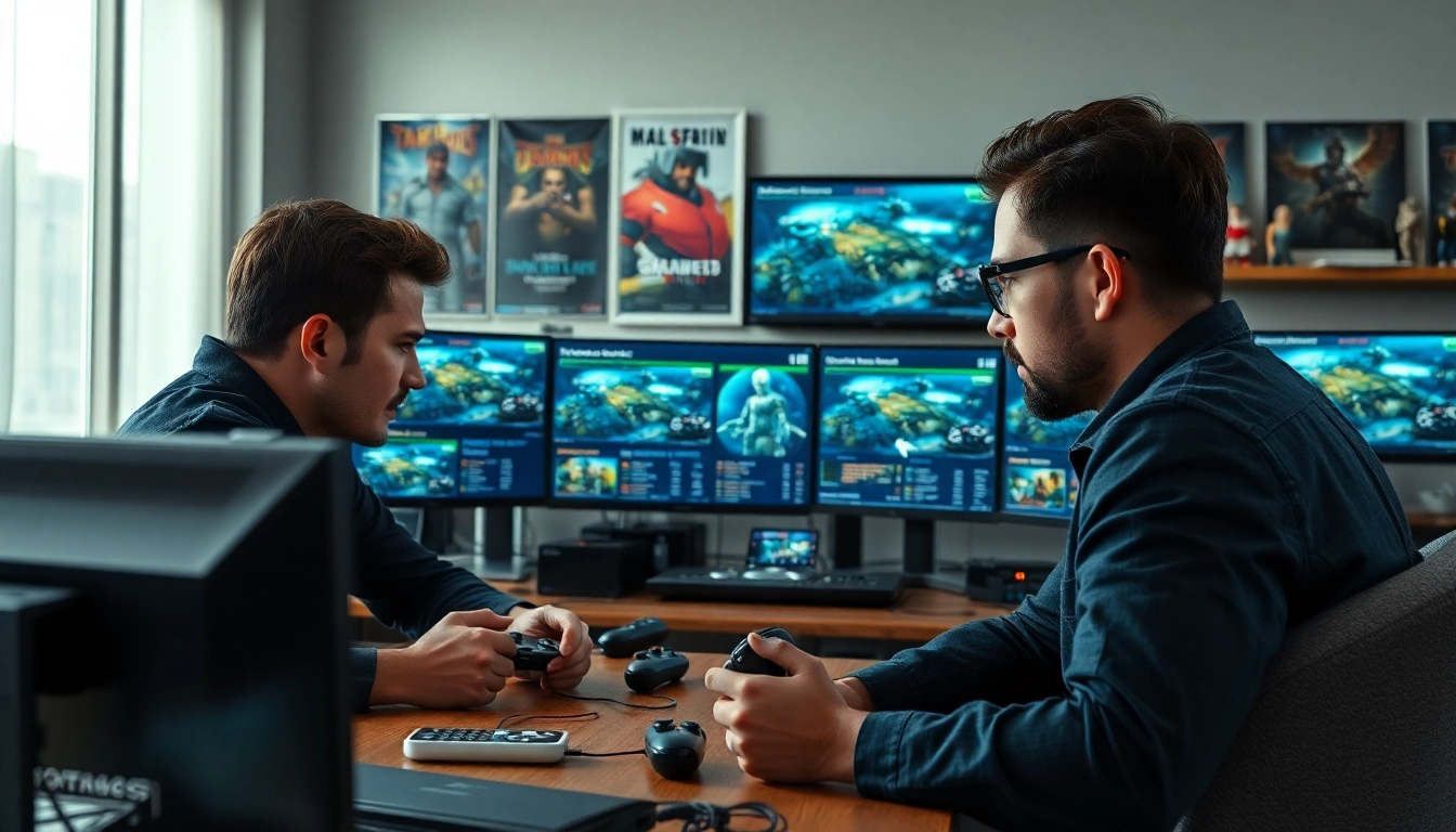 Engaging professionals reviewing video game reviews and ratings during a lively discussion.