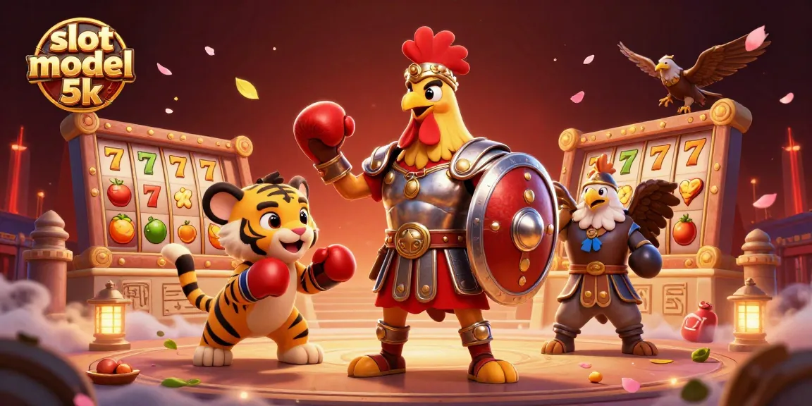 Engage with slot modal 5k in this vibrant illustration showcasing a gladiator rooster and dynamic gaming elements.