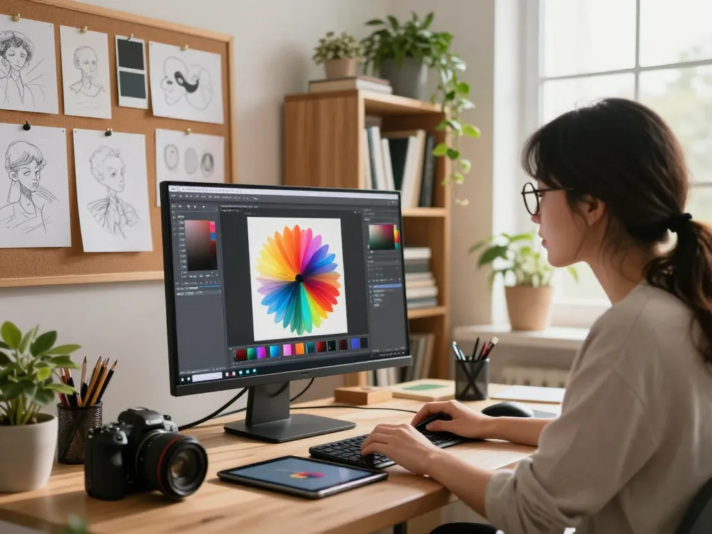 Designer using Nano Banana 2 AI image editor in a bright creative workspace with sketches and digital tools.