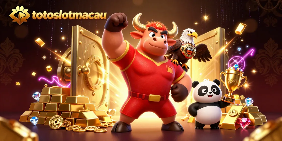 Experience thrilling wins with totoslotmacau as a muscular bull mascot and friends celebrate surrounded by treasures.