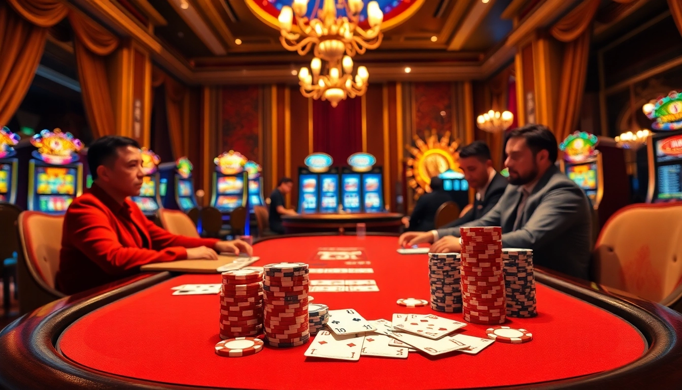 Experience excitement at BK8's high-stakes gaming table surrounded by vibrant casino elements.