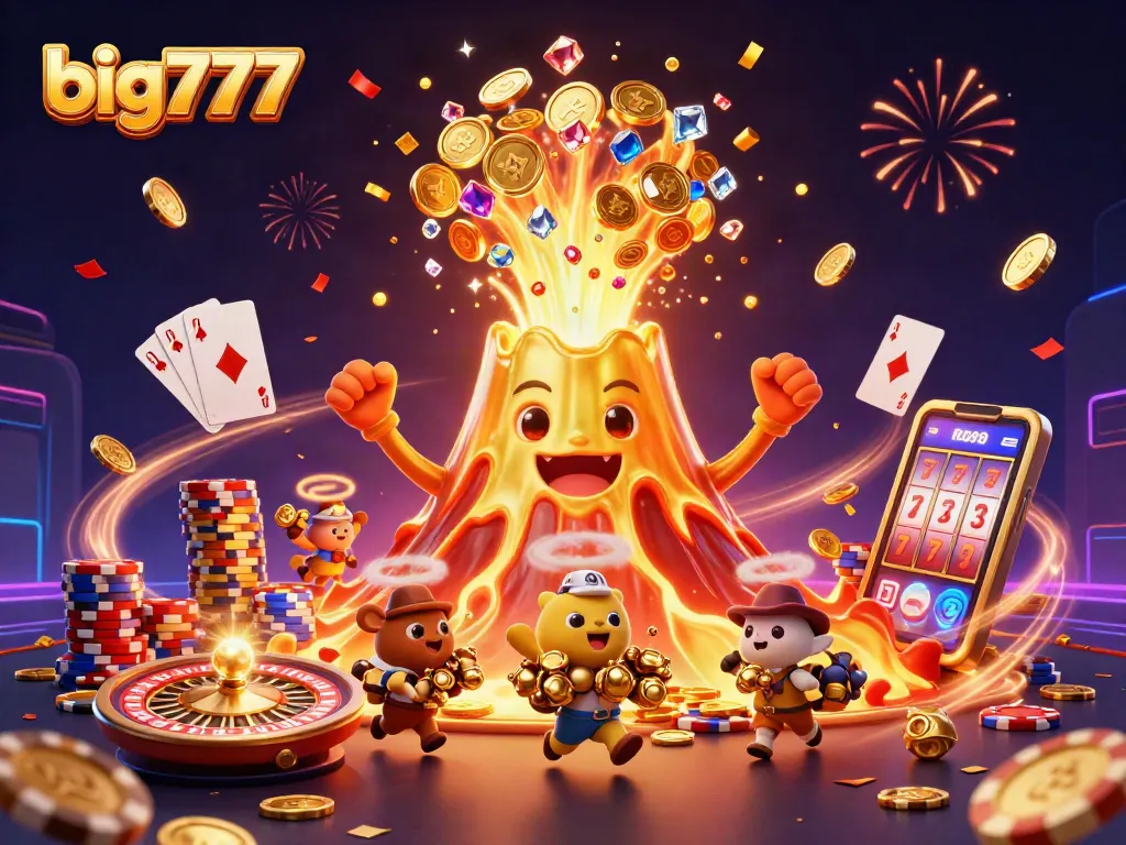 Experience the excitement of big777 with colorful casino elements and treasure-filled volcano!