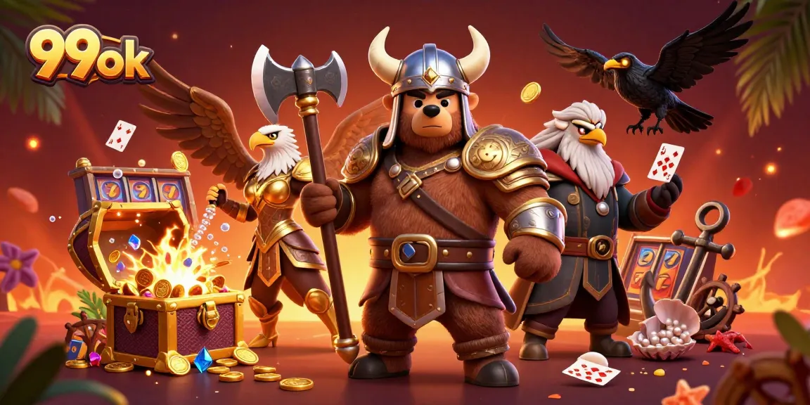 Experience thrilling gameplay at 99ok with dynamic casino elements, featuring a Viking bear and Valkyrie eagle.