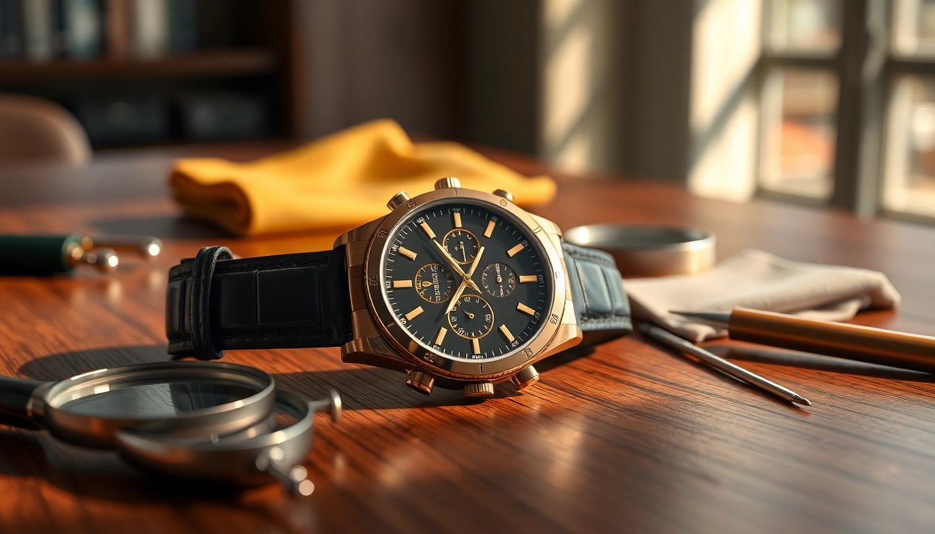 Admiring the intricate details of a luxurious replica watch laid elegantly on a wooden table.