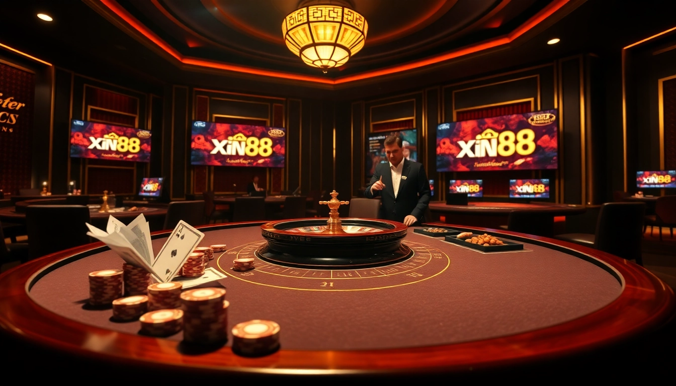 Experience the thrill of xin88 with an elegant casino table showcasing exciting gambling action.