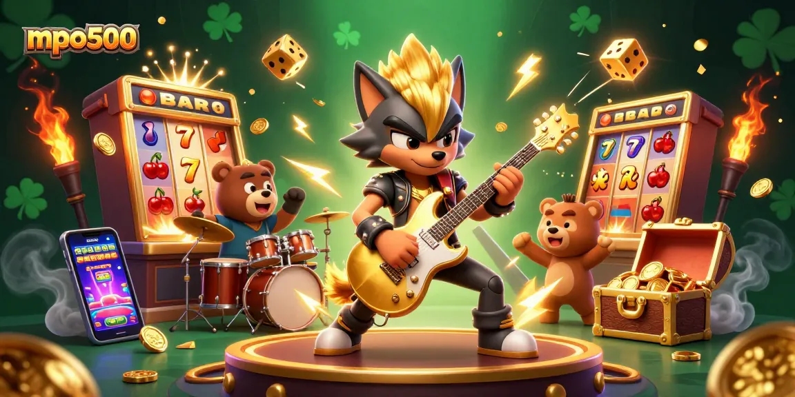 Experience the excitement of mpo500 with a vibrant scene of playful characters enjoying a casino jackpot.