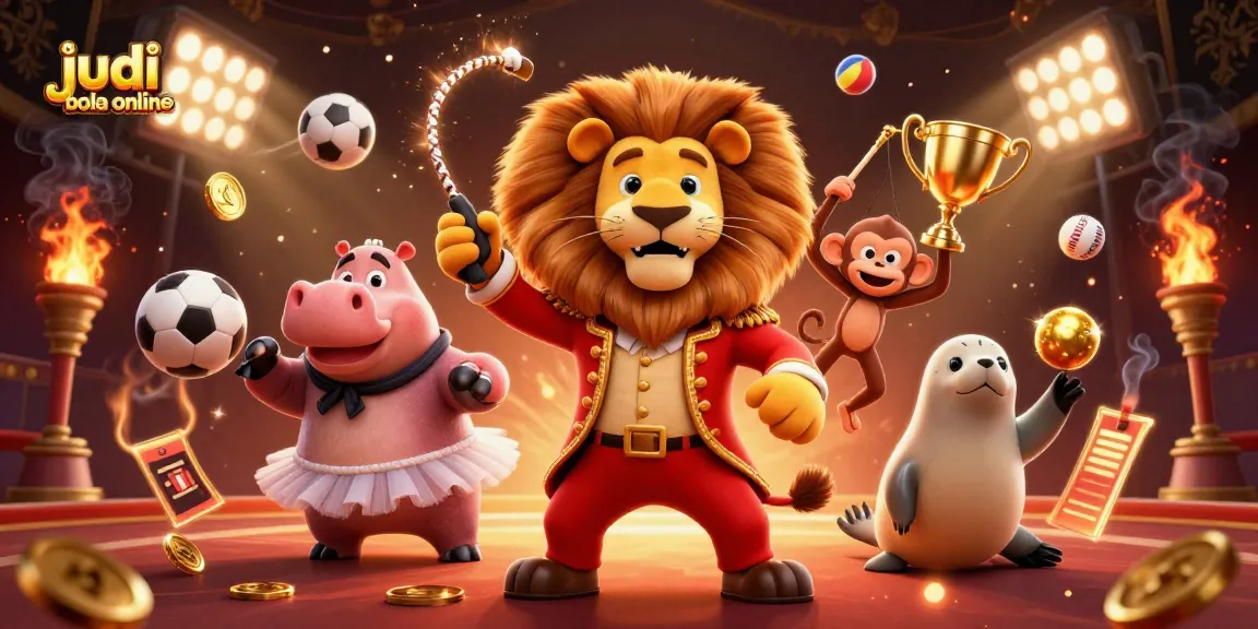Experience thrilling judi bola online action with a colorful circus scene featuring lively characters and sports elements.