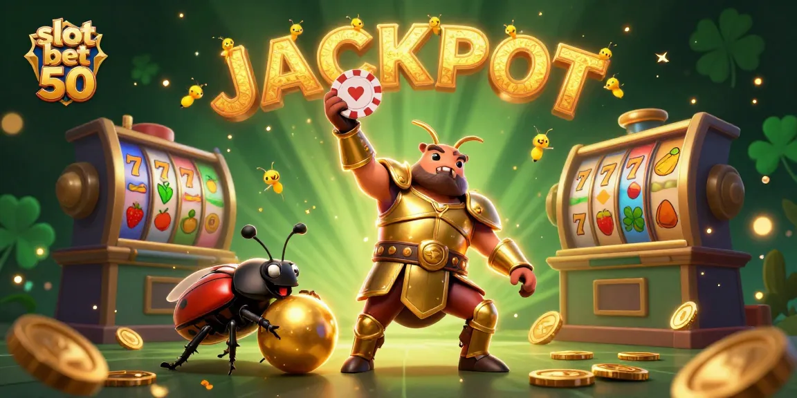 Join the excitement at slot bet 50 with a victorious beetle amid vibrant casino elements.