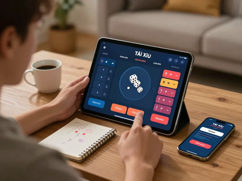 Engaging in app tài xỉu online uy tín with tablet interface showing betting options and interactive game