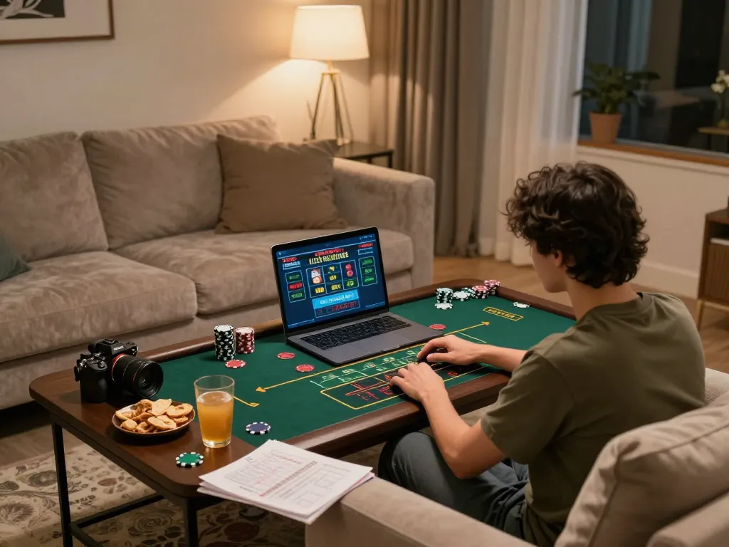 Engaging in online gambling with VT88 from a cozy home setup, highlighting strategic gameplay.