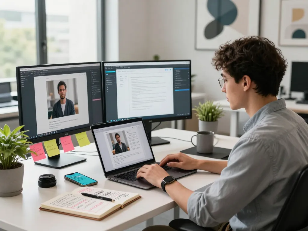 An innovative workspace with a young professional using image-to-prompt software on a laptop, showcasing a dynamic creative environment.