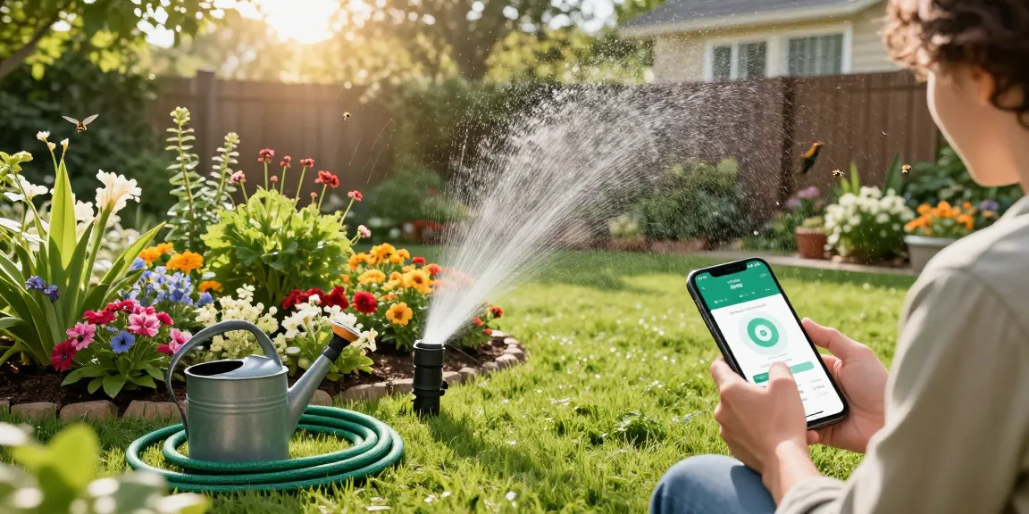 Gardener setting up the rainpoint sprinkler timer in a lush backyard during morning light