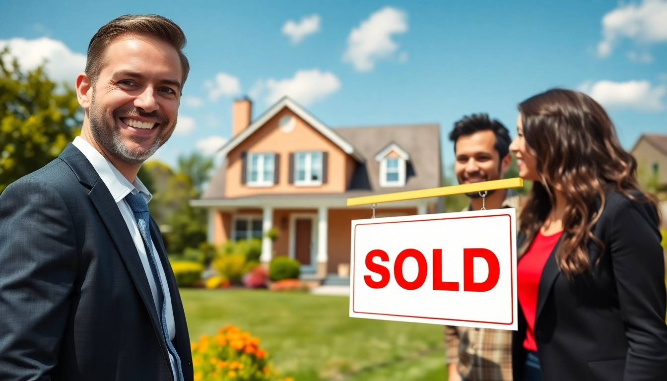 Remax real estate agent celebrating a successful home sale with buyers in vibrant neighborhood.