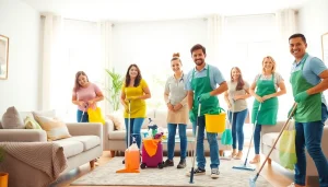 Showcase cleaning service professionals actively cleaning a bright, modern family home.