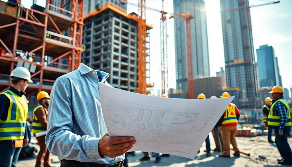 Manhattan Construction Manager guiding a construction team at a high-rise site.
