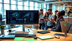 Enhance productivity with Technology tools in a collaborative office workspace featuring diverse professionals.