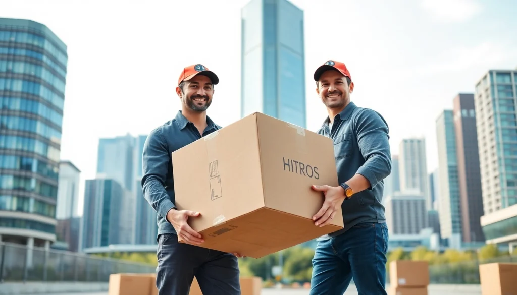 Best Toronto Movers efficiently lifting a packed box with the bustling city skyline in the background.