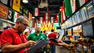 Engaging scene of sports betting Mexico with bettors analyzing odds and vibrant cultural elements.