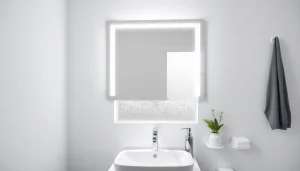 Spiegelschrank led mit integrierter Beleuchtung über einem modernen Waschbecken.