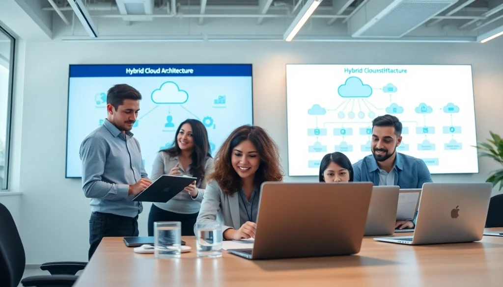 IT professionals strategizing Hybrid Cloud Solutions in a modern office setting.