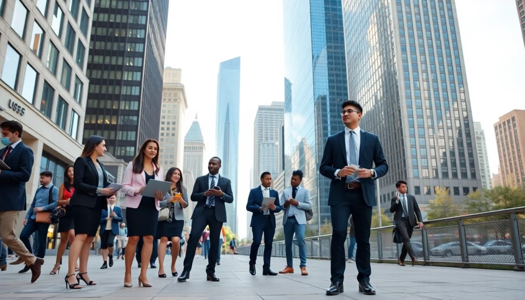 Find a job in chicago with diverse professionals engaging in a vibrant urban setting.