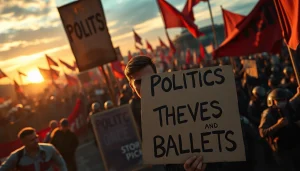 Protagonist at a political rally holding "Politics Thieves and Bullets" sign amidst chaos.