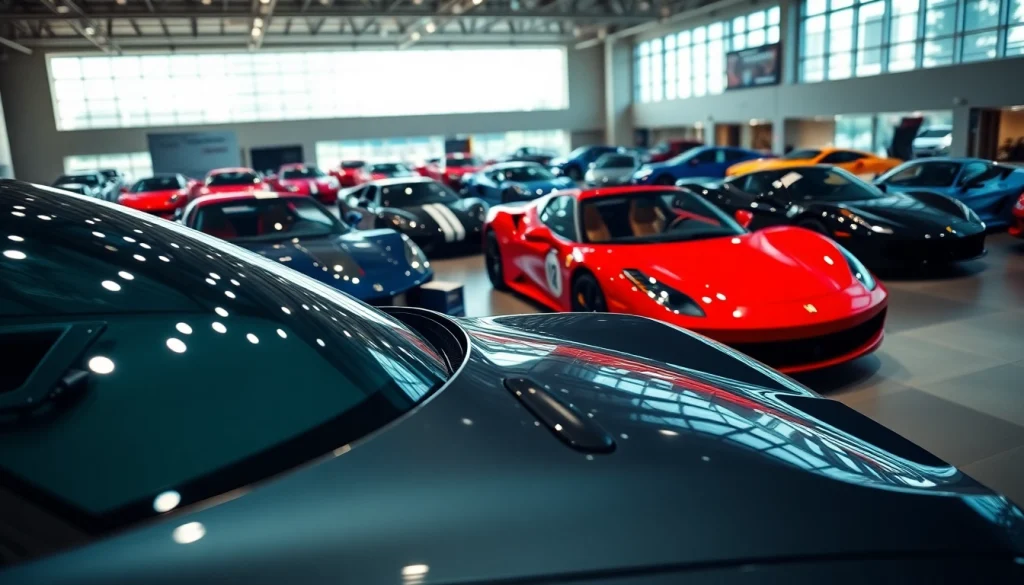 See the vibrant auto cars show showcasing luxury vehicles with dynamic lighting and sleek designs.