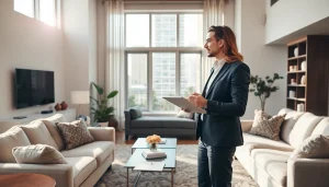 Showcasing a real estate agent guiding a client through a modern living space.