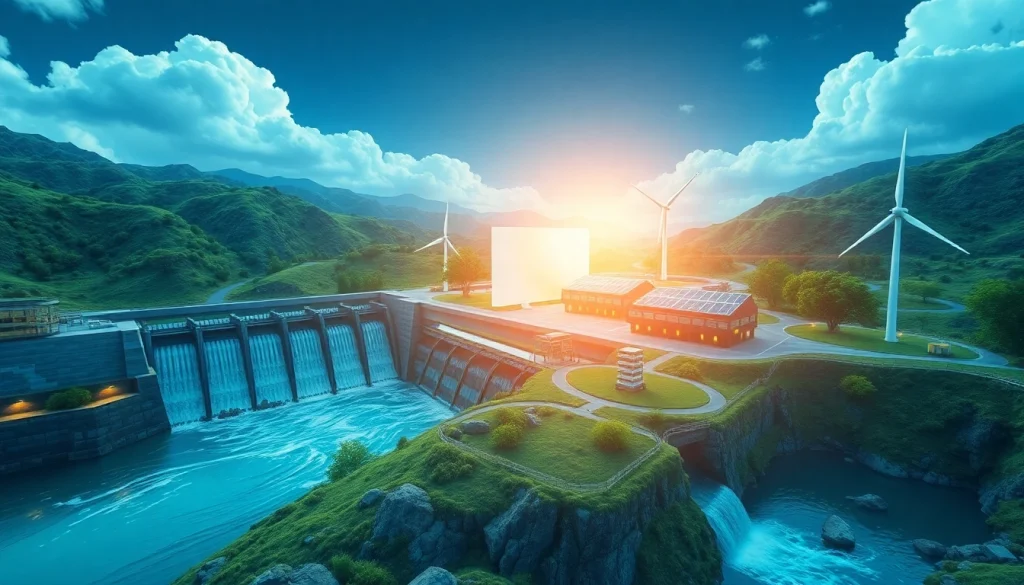 Bitcoin cloud mining facility powered by renewable energy sources, showcasing advanced technology and sustainability.