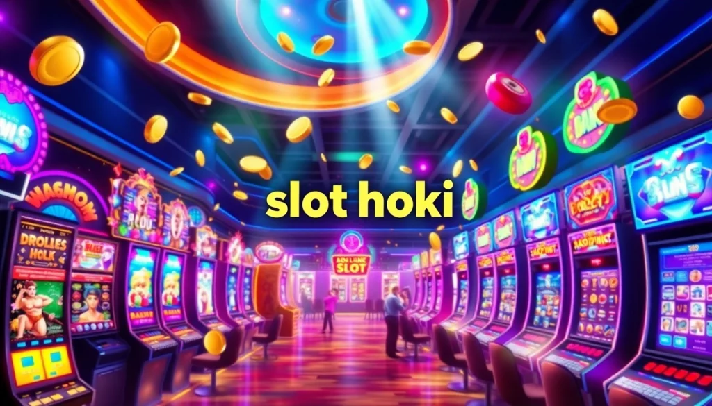 Exciting slot hoki themed digital artwork showcasing vibrant online casino games and players.