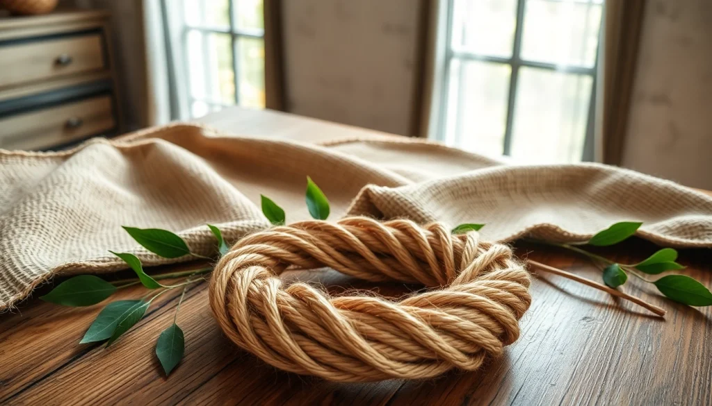 Jute stof met natuurlijk jute touw en groene bladeren in een rustieke setting