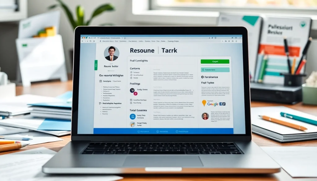 Design your professional Resume Builder using colorful templates and a laptop setup.