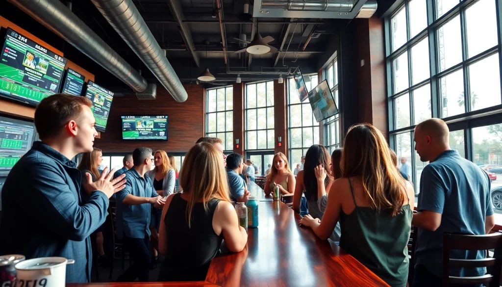 Engaging scene of online sports betting South Carolina with diverse people discussing bets in a lively bar.