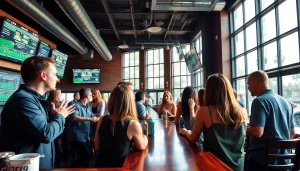 Engaging scene of online sports betting South Carolina with diverse people discussing bets in a lively bar.