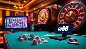 Exciting gaming scene showcasing a poker table, slots, and the w88 link interface.