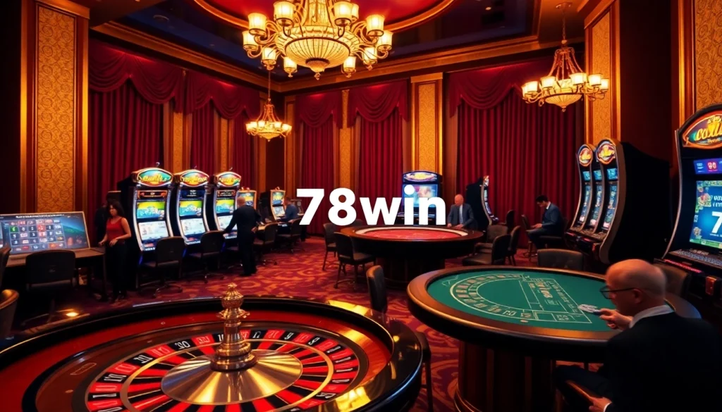 Experience the excitement of 78win at a luxurious casino game featuring roulette and slot machines.