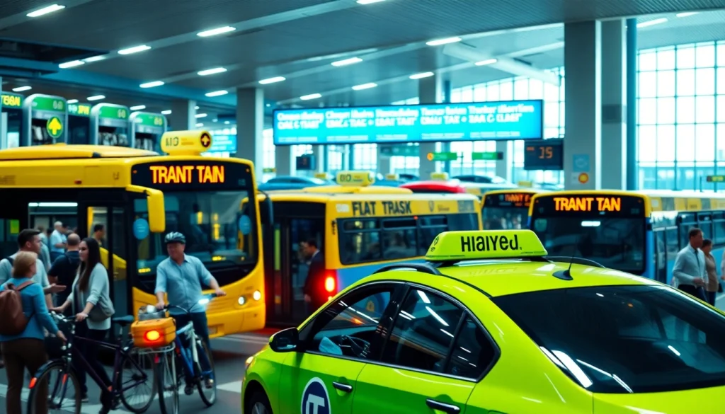 Transportation scene with busy commuters and various transit options in a vibrant urban environment.