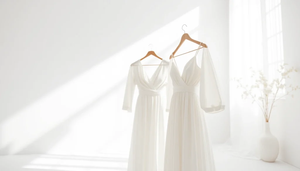 Showcasing elegant Rivelle garments in a bright, minimalist studio setting.