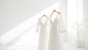 Showcasing elegant Rivelle garments in a bright, minimalist studio setting.