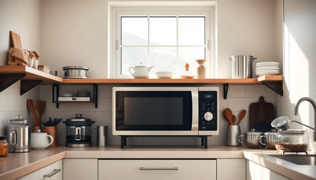 Showcase an affordable microwave oven in a modern kitchen setting with elegant design features.