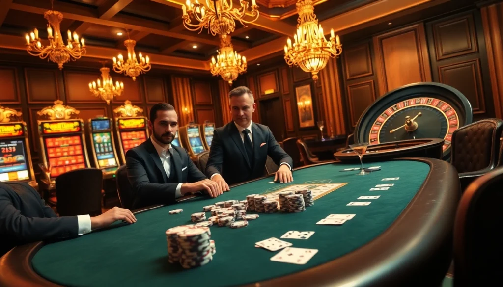 A luxurious casino scene at https://88clb.courses/ featuring an elegant poker table with vibrant chips and classy players.