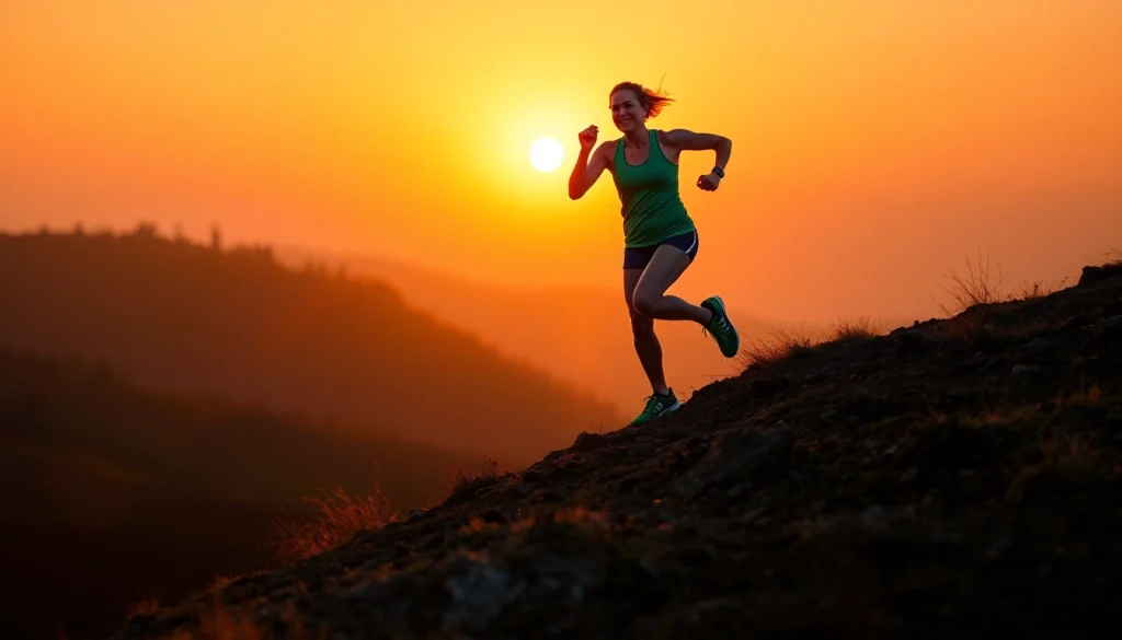 Person overcoming a weight loss plateau while climbing a hill at sunrise, symbolizing determination.
