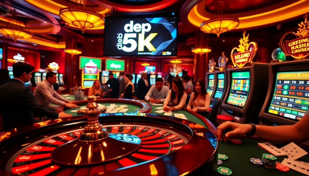 Adegan permainan kasino yang mendebarkan memperlihatkan aksi Depo 5k dengan rolet, kartu, dan para penjudi yang antusias.