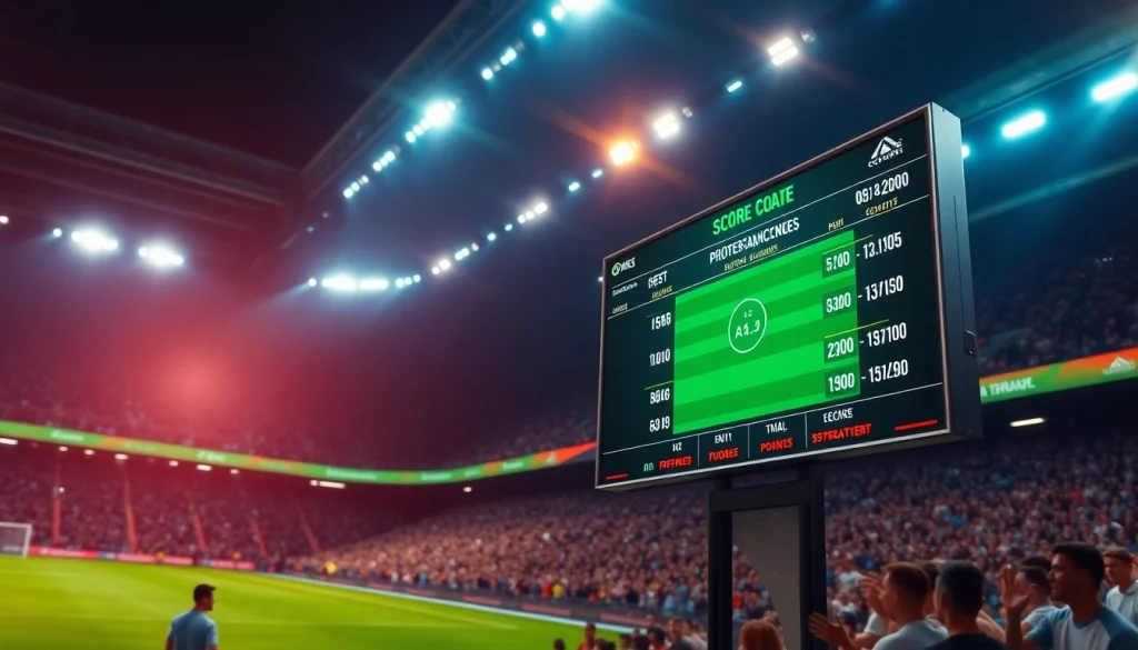 Programบอล scoreboard showing live match statistics in a vibrant stadium.