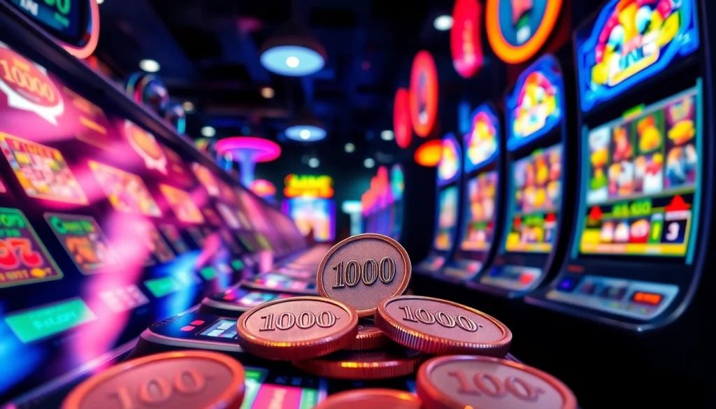 Menampilkan slot deposit 1k dengan mesin slot yang berkilau dan koin 1000 rupiah berwarna cerah.