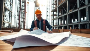 Manhattan Commercial General Contractor analyzing blueprints at an active construction site.