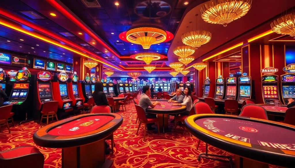 hello88 gaming scene with vibrant casino tables and excited players at a luxurious venue
