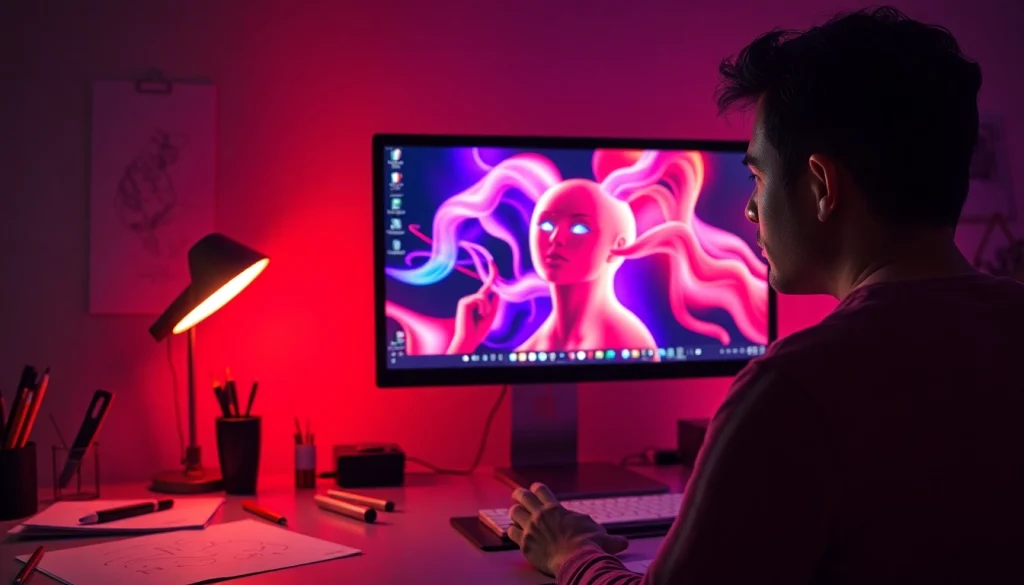 Experience NSFW AI creativity in a modern digital workspace filled with vibrant imagery and innovation.
