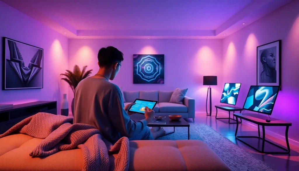 Engaging in NSFW AI chat in a futuristic living room with warm lighting.